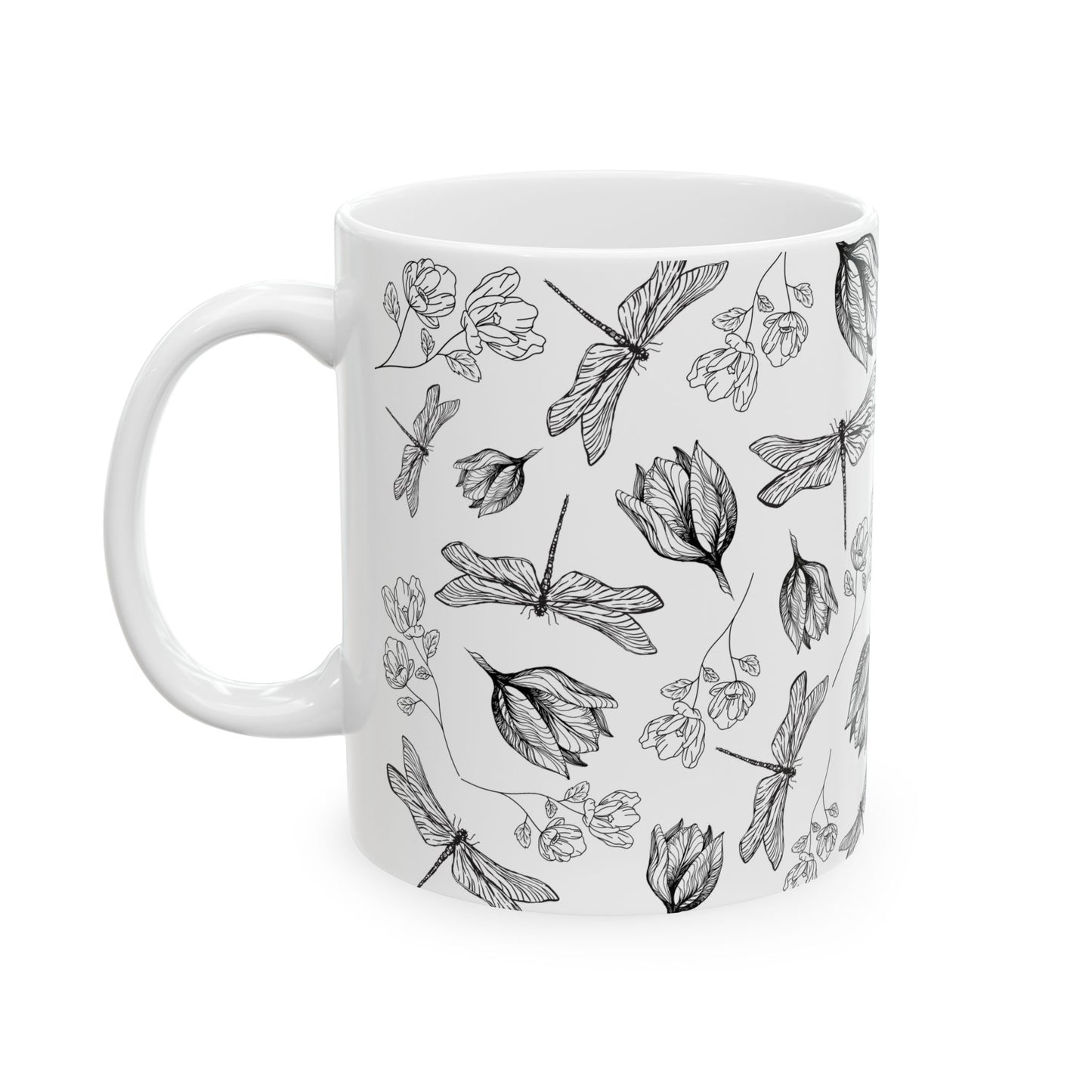 Dragonfly Floral White Ceramic Mug, (11oz, 15oz)