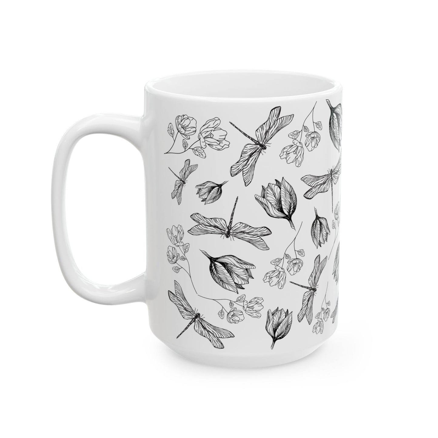 Dragonfly Floral White Ceramic Mug, (11oz, 15oz)