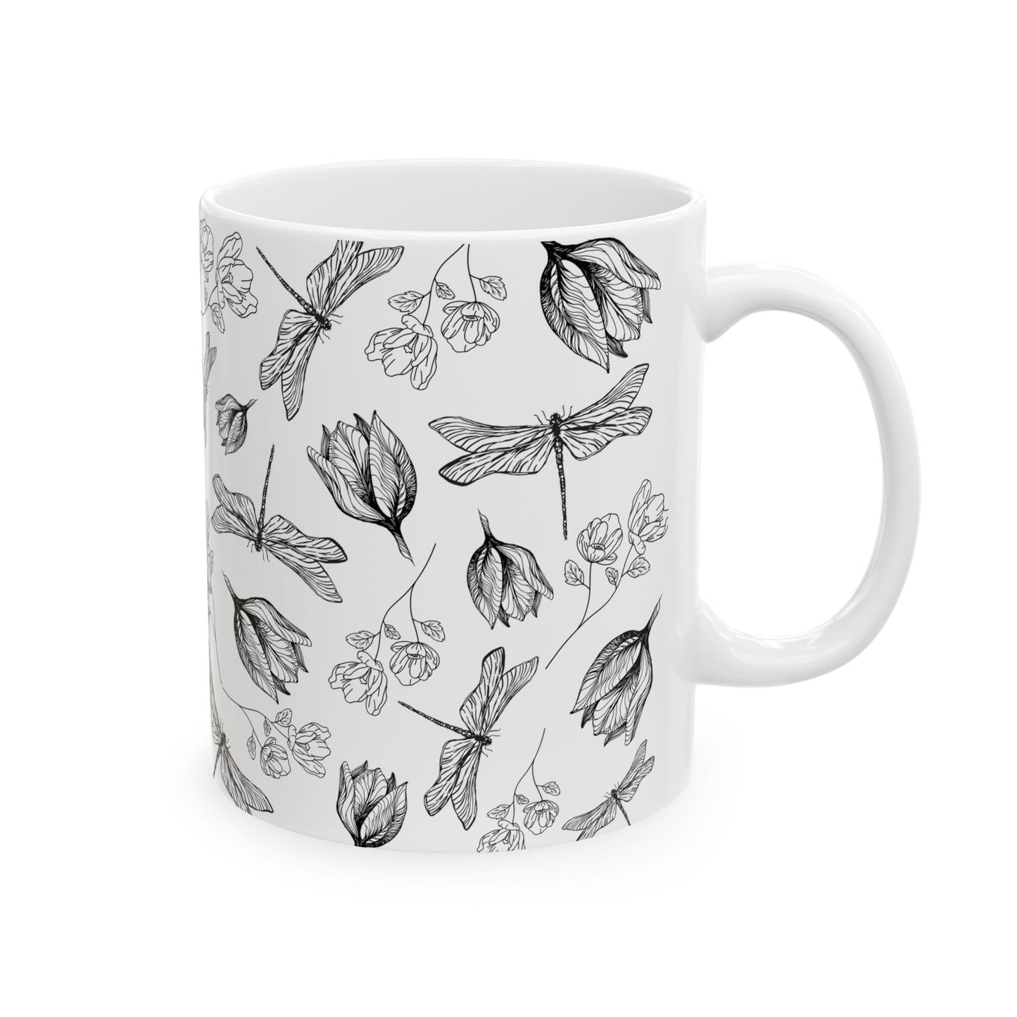 Dragonfly Floral White Ceramic Mug, (11oz, 15oz)