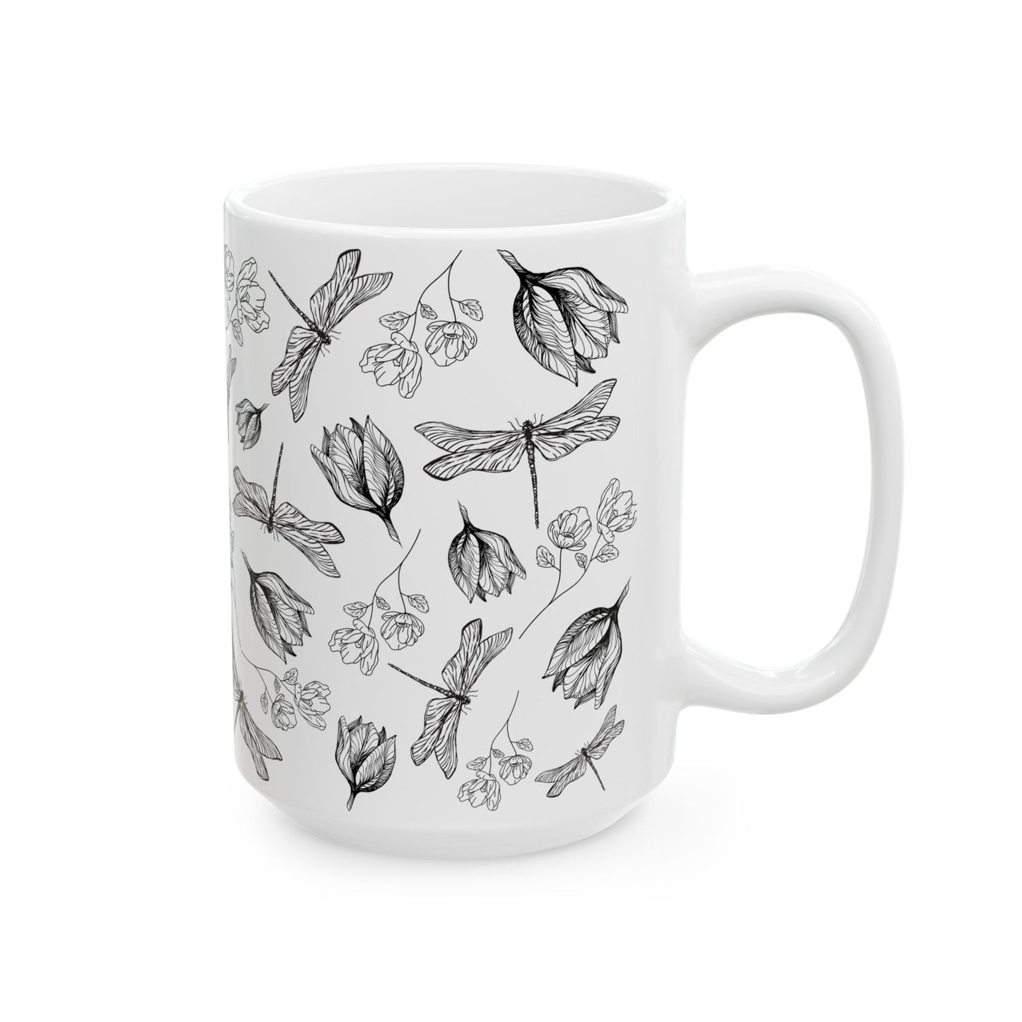 Dragonfly Floral White Ceramic Mug, (11oz, 15oz)